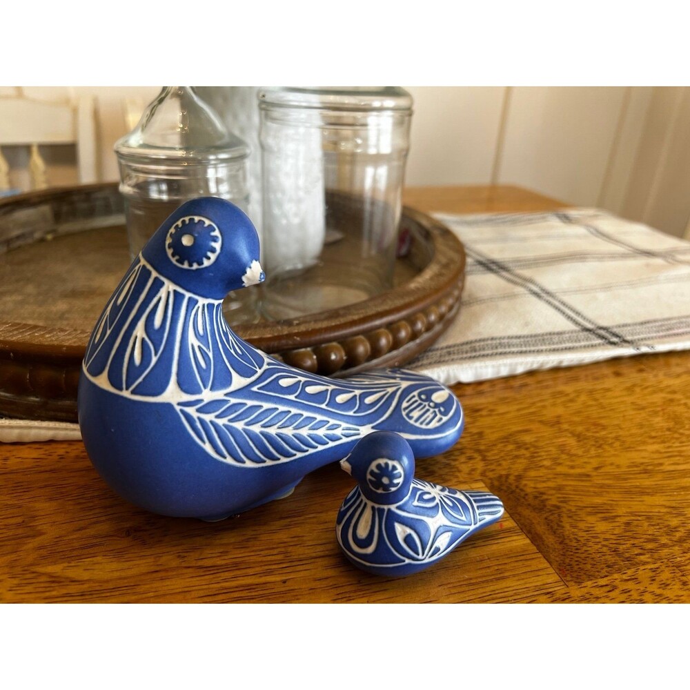 Vintage Pablo Zabal Chile Blue Pottery Bird Figurine Set (2) Peace Dove MCM